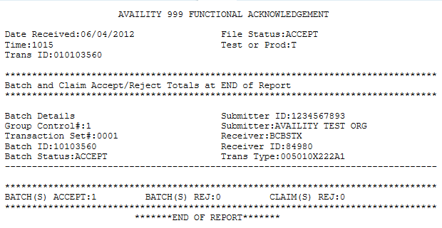 Example of Availity 999 Implementation Acknowledgement in its readable format