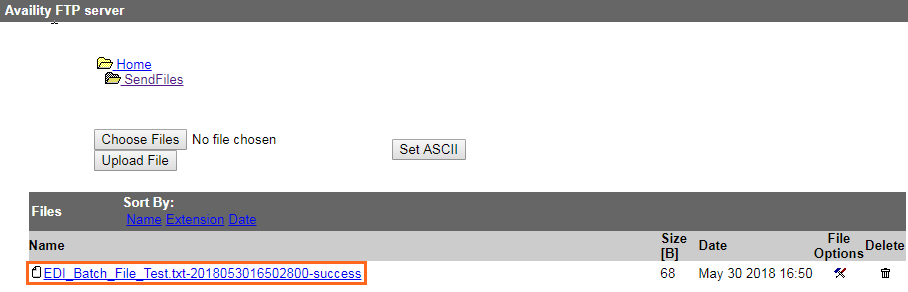 Send files folder displaying confirmation of successful file upload through browser