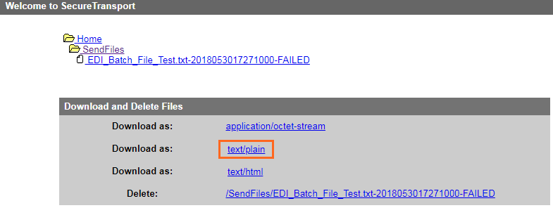 Welcome to SecureTransport page with link for downloading as text/plain highlighted