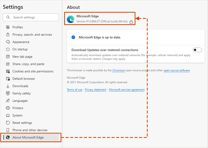 Microsoft Edge settings – version information.