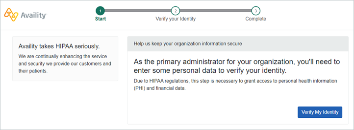 Initial page that displays before the Availity Essentials