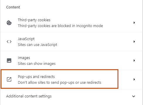 Pop-ups and redirects located at the bottom of the page in the center panel.