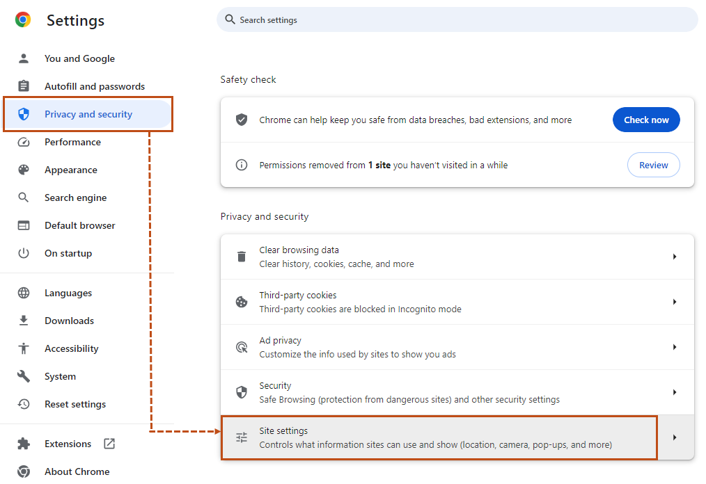 Privacy and Security option at the top of the left panel displays multiple options in the center panel including Site Settings.