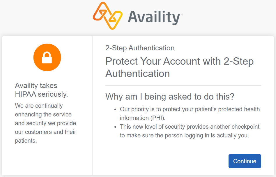 Initial page of the 2-step authentication process that displays after you create your Availity account and log in to Availity Essentials.