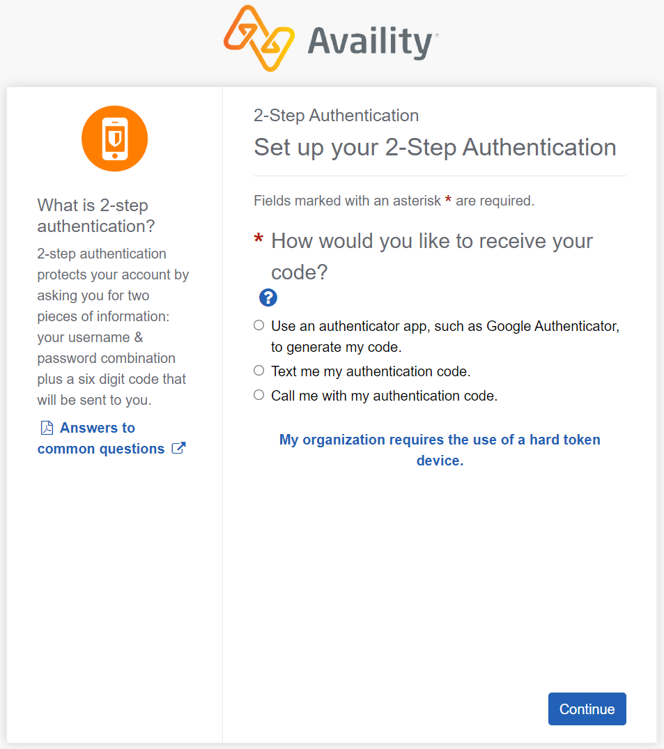 The different methods you can select to receive your 2-step authentication code.