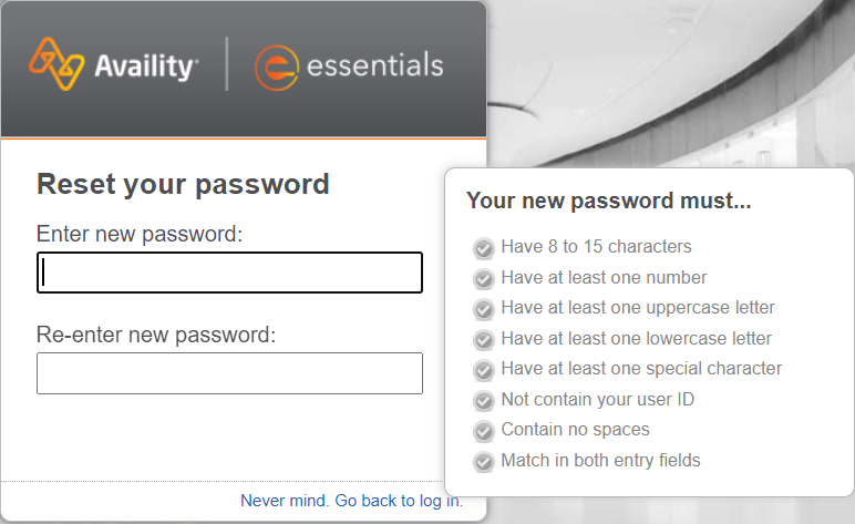 Enter a new password to reset your password to log into Availity Essentials.