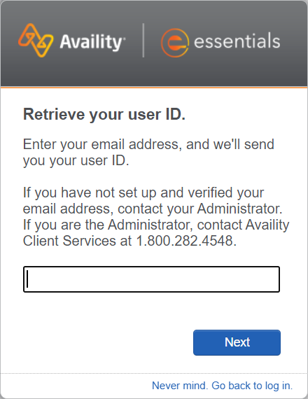 Enter your email address to retrieve your user ID during password reset flow.