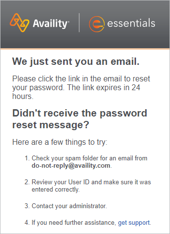 Password reset message window.